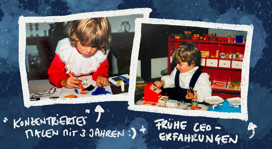 Die Künstlerin Farbheldin malt als Kind im Alter von 3 Jahren erste Kunstwerke und beweist sich in ihrem Kaufladen als verkauftstüchtige Unternehmerin und CEO
