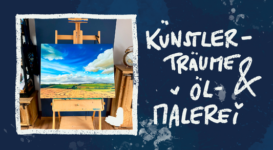 Ölgemälde auf Staffelei mit Landschaft aus blauem Himmel mit Wolken und sanften Wiesen