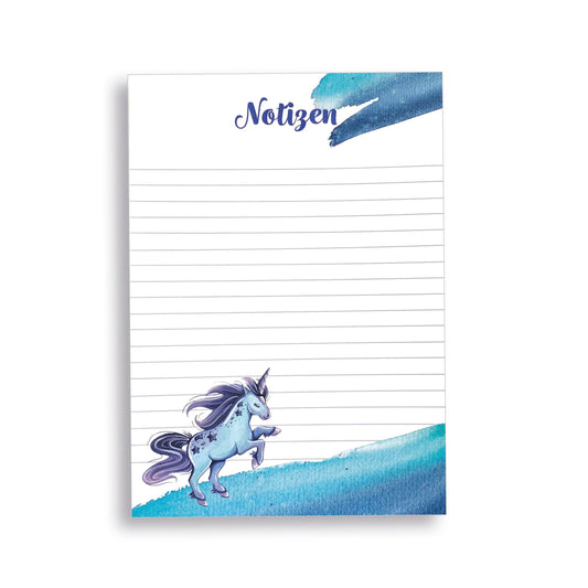 Linierter Notizblock im Format DinA5 mit blauem Einhorn