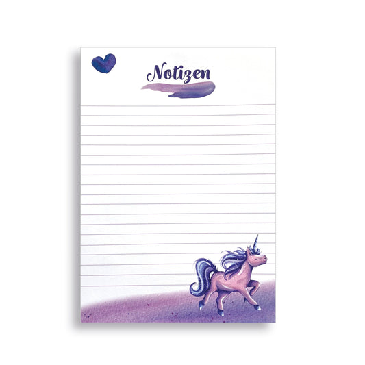 Linierter Notizblock im Format Din A5 mit pinkem Einhorn
