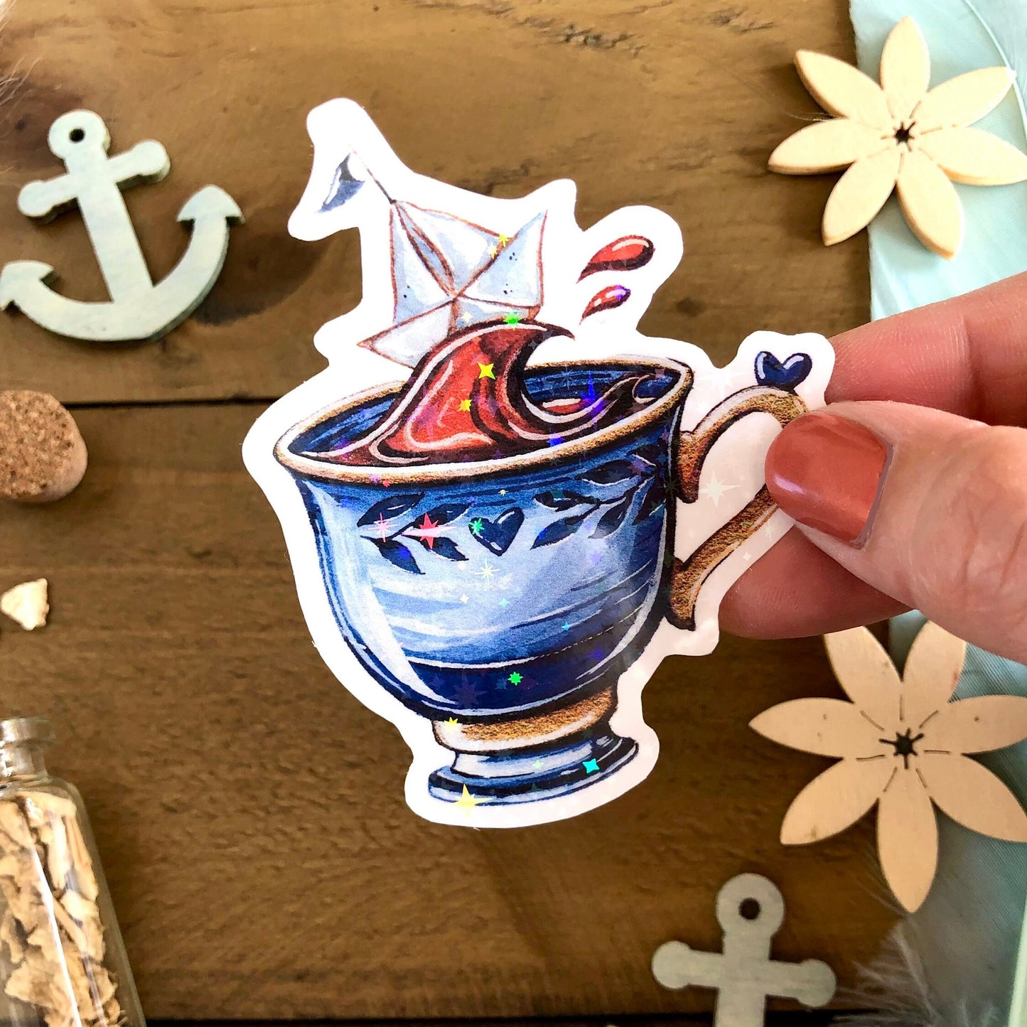 Glitzersticker Kaffeetasse mit Papierboot