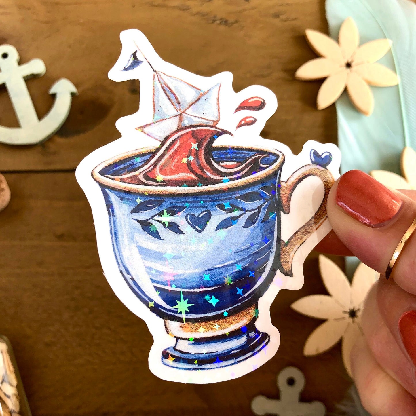 Glitzersticker Kaffeetasse mit Papierboot