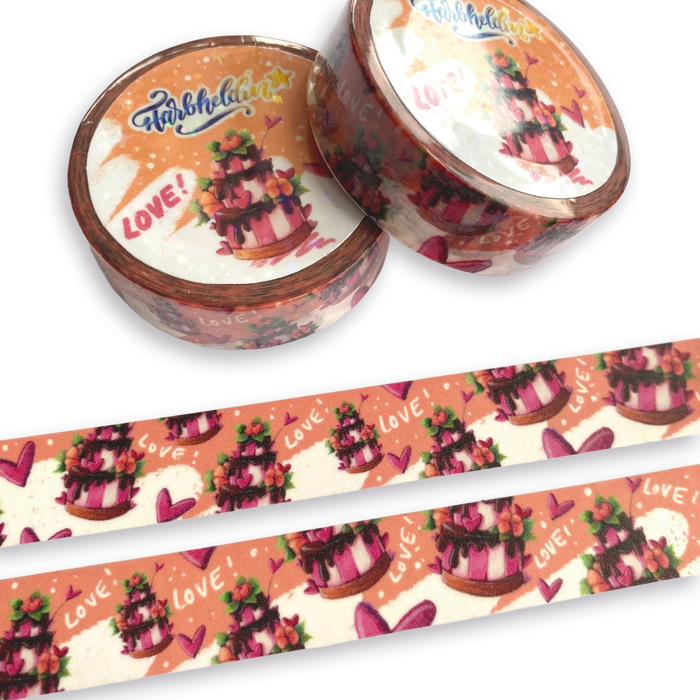 Buntes Washi Tape mit Torten und Kuchen, ideal als Dekoband für Bastel- und DIY-Projekte oder als Masking Tape in der Malerei; hier dargestellt als Rolle und aufgerollt vor weißem Hintergrund