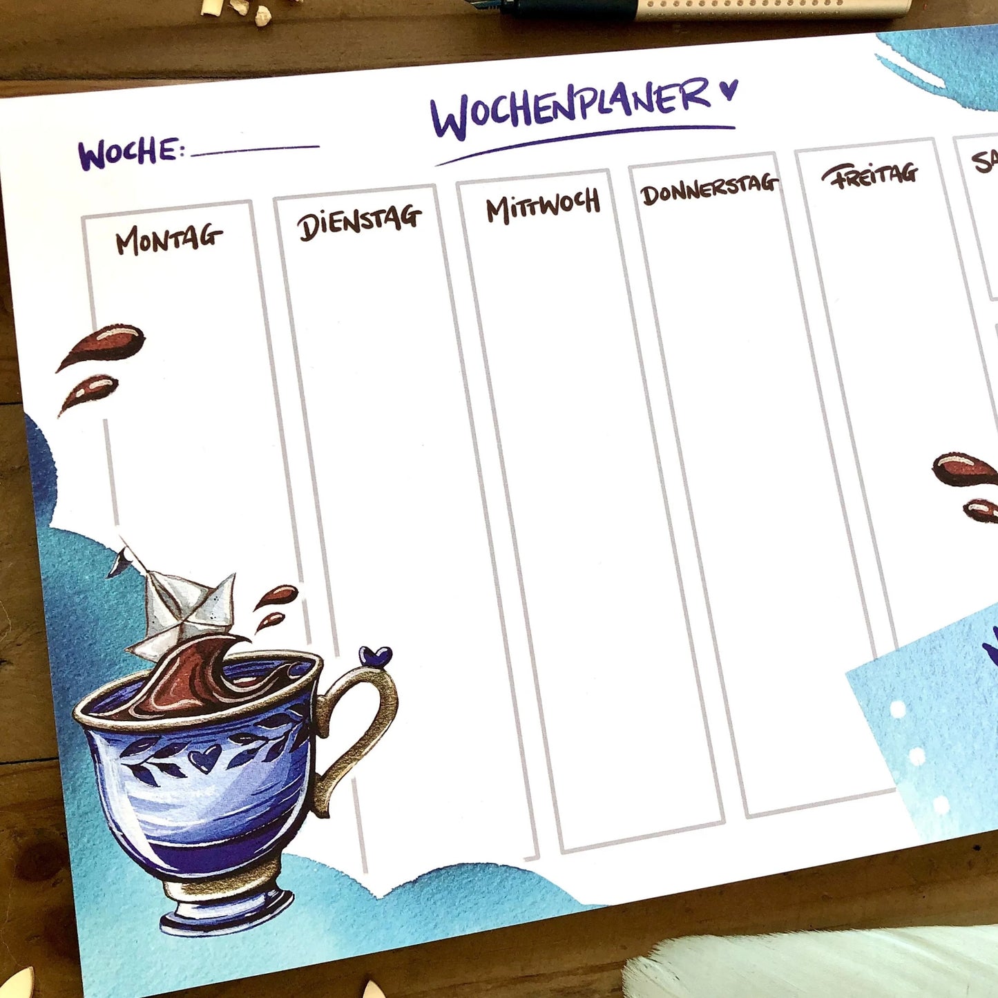 Wochenplaner Kaffeetasse mit Papierboot A4