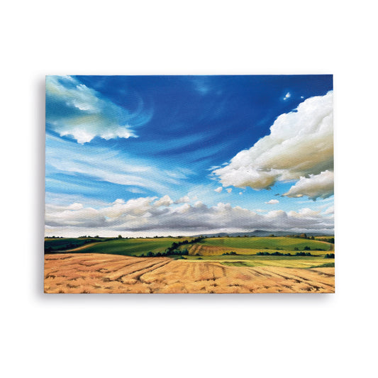 Dieses Original Ölgemälde auf Leinwand im Format 60 x 80 cm zeigt Landschaftsmalerei mit einem Kornfeld unter blauem Himmel samt Schleierwolken