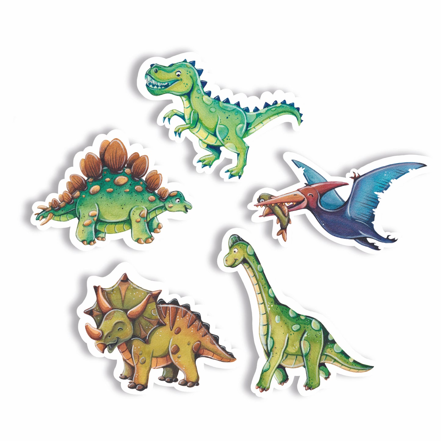 Glitzersticker Set aus fünf Dinosaurier-Aufklebern vor einem weißen Hintergrund