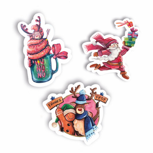 Set aus drei handgemachten Weihnachts-Glitzerstickern mit Rentier, Weihnachtsmann und Lebkuchenmännchen