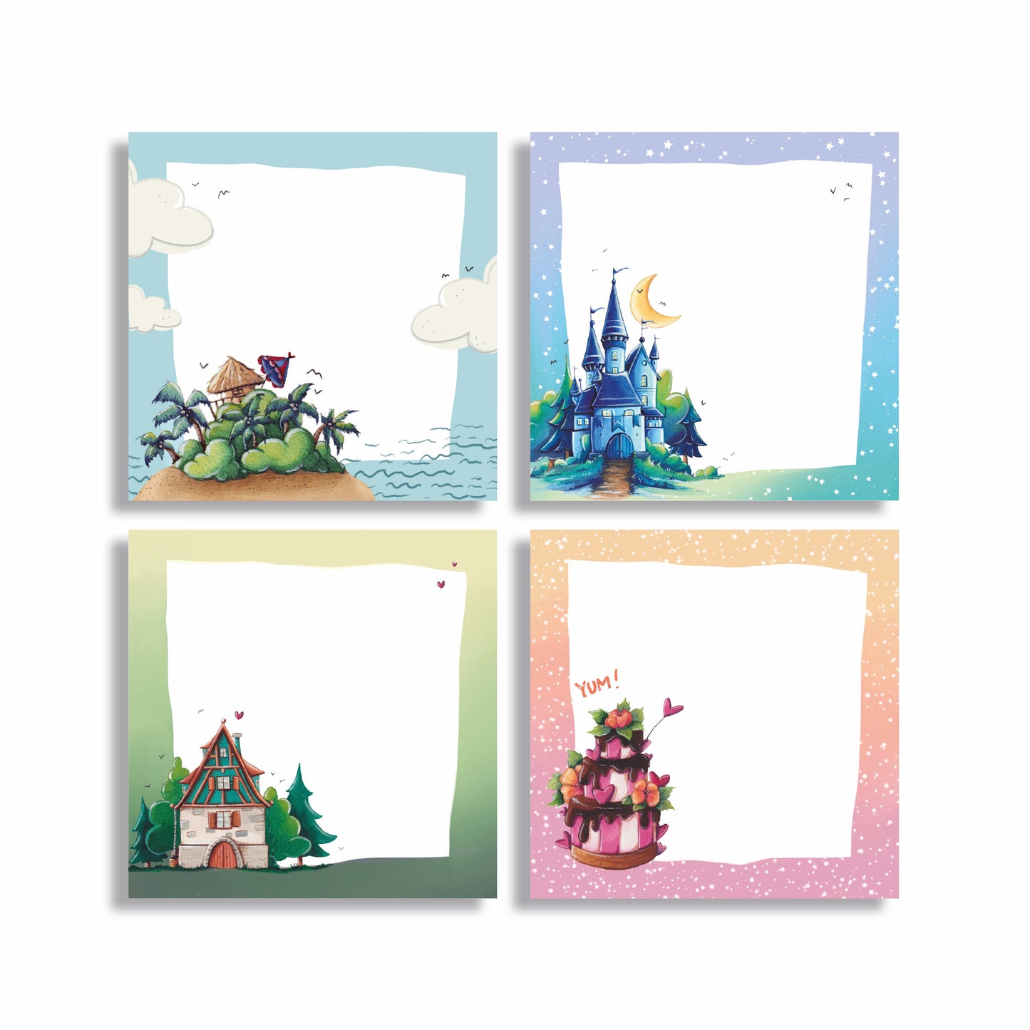 4er Set aus bunten Miniblöcken mit den Motiven Insel, Märchenschloss, Fachwerkhaus und Torte vr weißem Hintergrund 