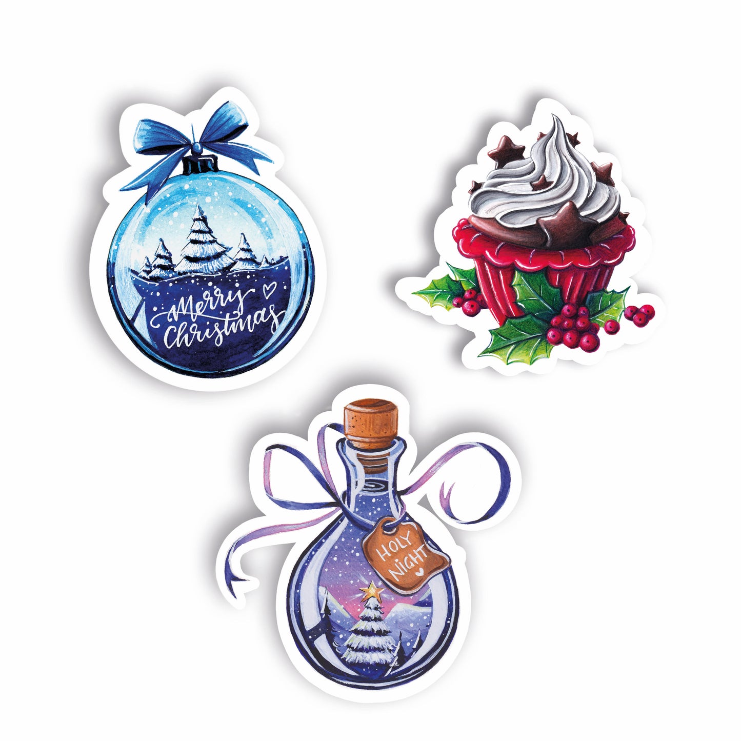 Set aus drei handgemachten Stickern zum Thema "Besinnliche Weihnachten" mit den Motiven Zaubertrank, Christbaumkugel und Cupcake