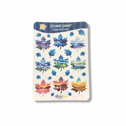 Stickersheet mit Glitzerstickern aus Ahornbllättern mit Aquarell-Landschaften