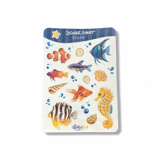 Stickersheet mit Glitzerstickern aus verschiedenen bunten Fischen