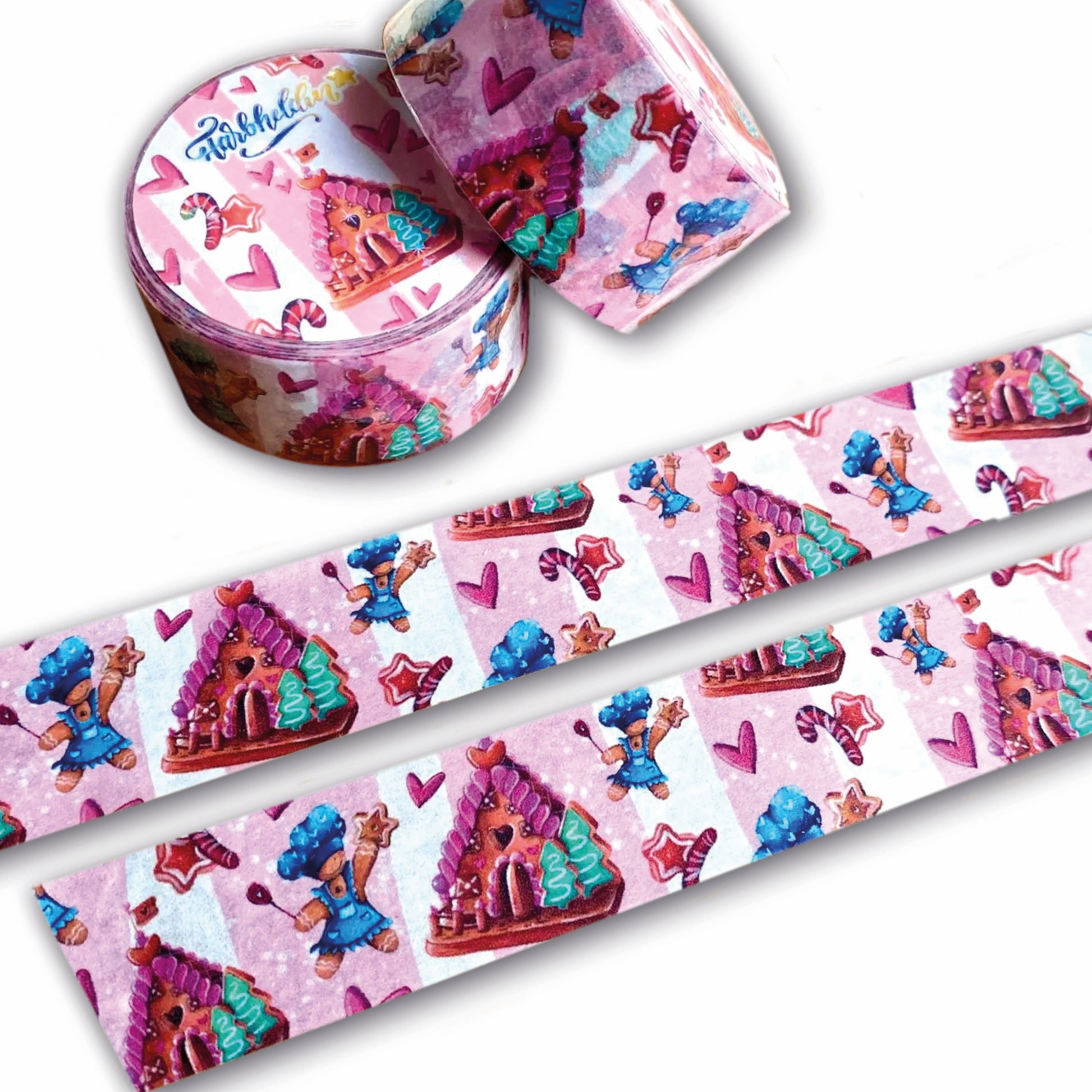 Breites rosa gestreiftes Washi Tape zum Thema Weihnachten mit Lebkuchenhaus und Lebkuchenmännchen