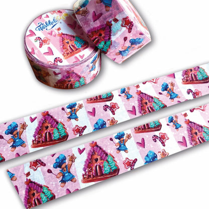 Breites rosa gestreiftes Washi Tape zum Thema Weihnachten mit Lebkuchenhaus und Lebkuchenmännchen