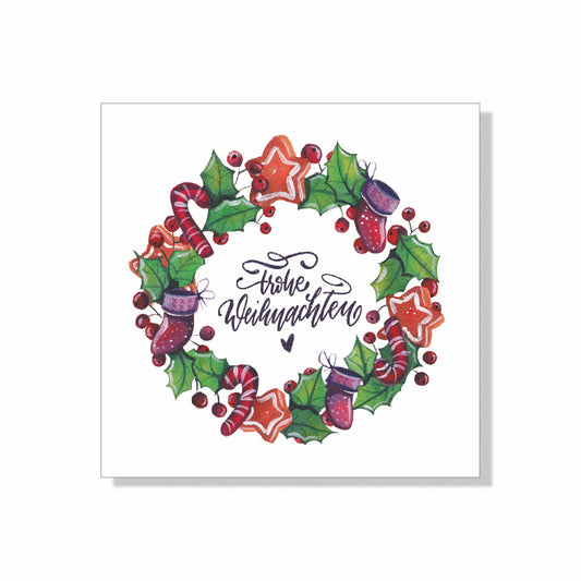 Zauberhafte quadratische Weihnachtskarte mit Weihnachtskranz im Format 14,5 x 14,5 und rotem Umschlag (Klappkarte) 