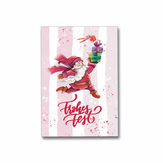 Weihnachtskarte Klappkarte im Format A6 mit Weihnachtsmann, der Geschenke trägt