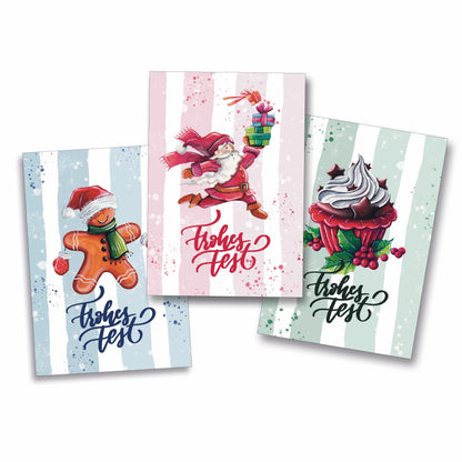 Drei Weihnachtskarten Din A6 im Set mit Lebkuchenmann, Weihnachtsmann und weihnachtlichem Cupcake