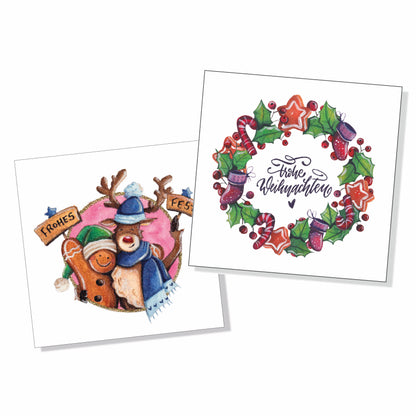 Zwei quadratische Weihnachtskarten im Set mit Umschlägen, Motive: Lebkuchenmännchen und Rentier sowie Weihnachtskranz