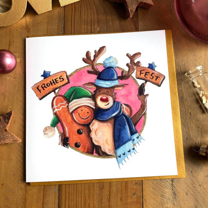 Quadratische Klappkarte "Rentier und Lebuchenmännchen"