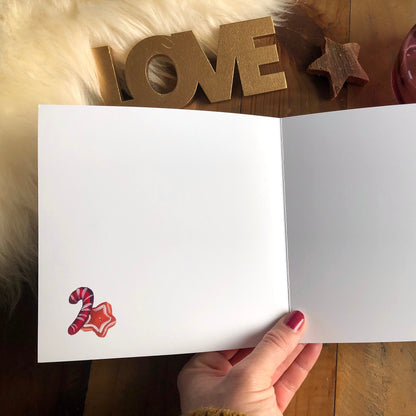 Quadratische Klappkarte "Rentier und Lebuchenmännchen"