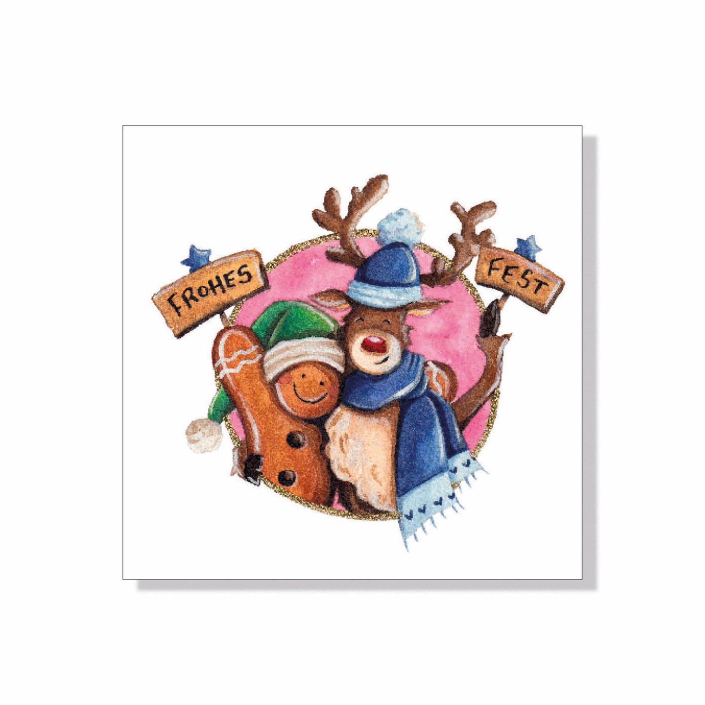 Quadratische Weihnachtskarte (Klappkarte) mit Rentier und Lebkuchenmännchen, die ein Frohes Fest wünschen