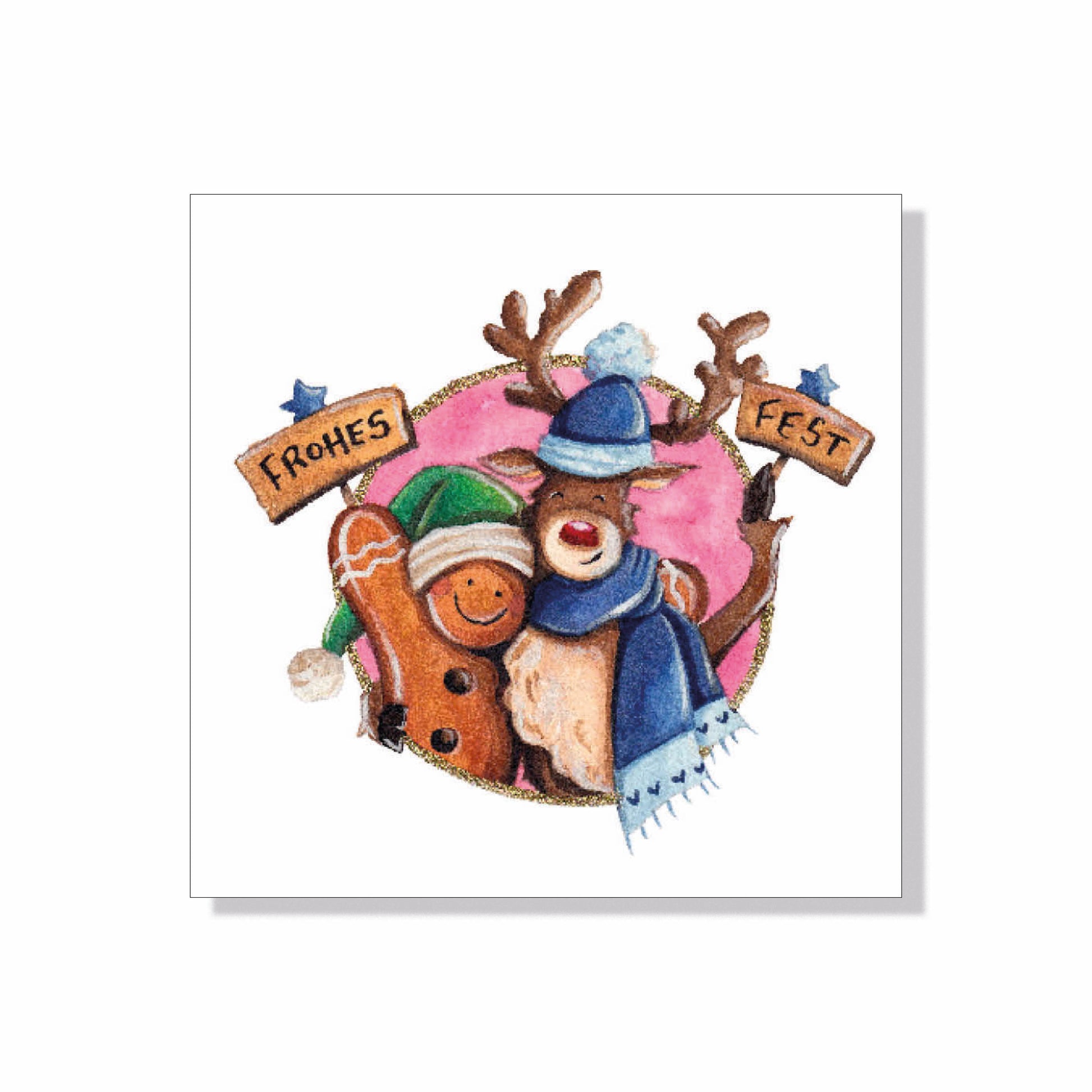 Quadratische Weihnachtskarte (Klappkarte) mit Rentier und Lebkuchenmännchen, die ein Frohes Fest wünschen