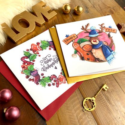 Quadratische Weihnachtskarten mit Aquarell-Illustrationen (2er-Set)