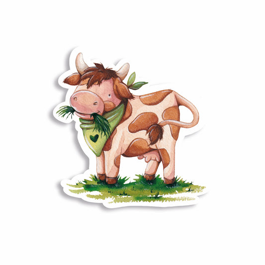 Süßer Glitzersticker Kuh Mimi zeigt eine Milchkuh, die Gras frisst und ist perfekt geeignet zum Sammeln, Tauschen, Dekorieren oder als Geschenk für Bauernhof-Fans