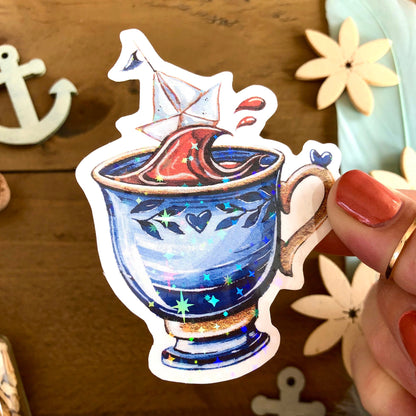 Glitzersticker Kaffeetasse mit Papierboot